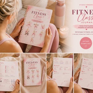 Op de afbeelding: Een roze fitnessdagboek met de tekst "Fitness Class Journal" is open. Het dagboek bevat illustraties van trainingsposes. Een waterfles en een kaars staan op de achtergrond. Het dagboek is een direct download.