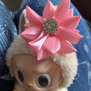 Custom Satin Flower Hair Bow: Labubu Doll Accessories, Rhinestone Option