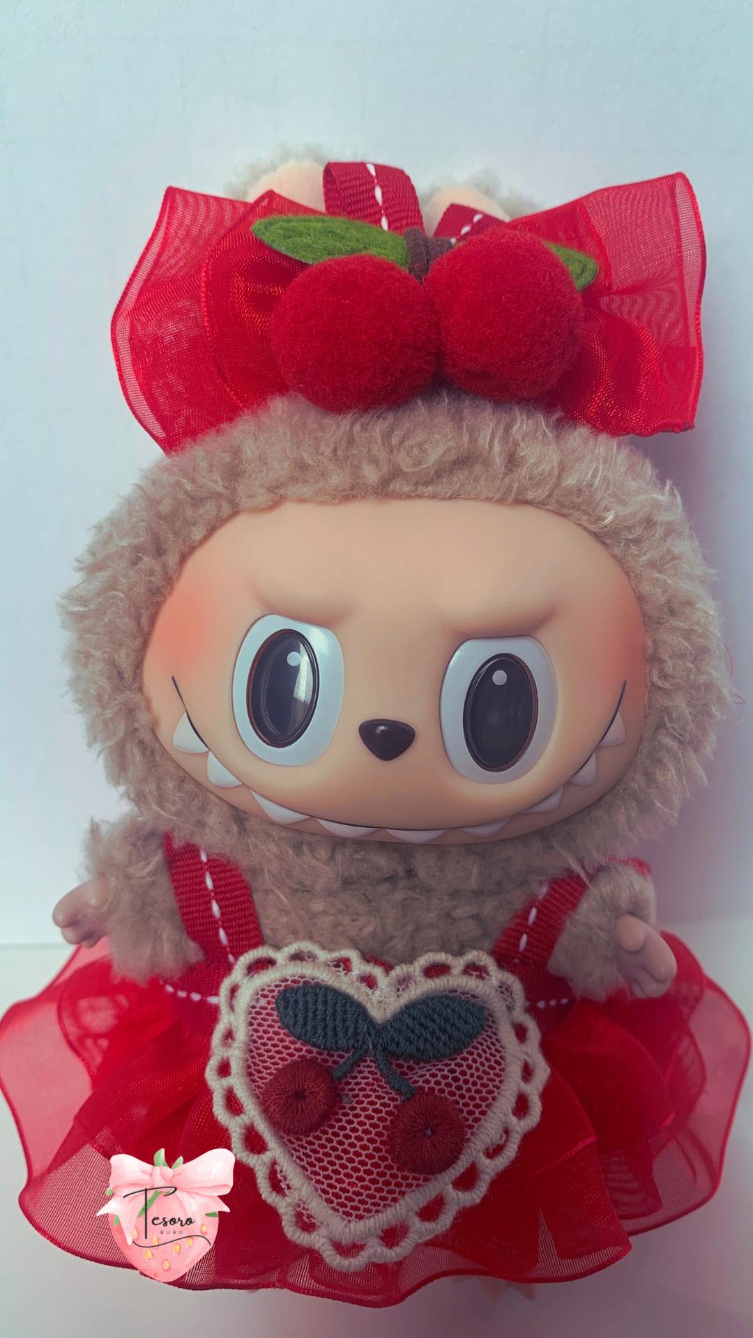 Cherry Red Labubu Dress & Bow Set – Handmade Red Ruffle Outfit with Heart Cherry Appliqué for 7-Inch Labubu Dolls