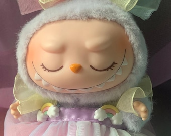 Handmade Soft Rainbow Dress & Bow Set for Labubu. Fits 15cm-17cm Dolls. Available in Pastel Pink, Purple or Blue (ribbon bodice)