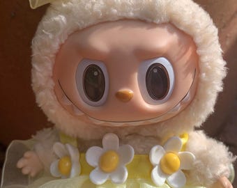 Handmade Yellow Daisy Ruffle Dress & Bow Set for Labubu – Coquette Cottagecore Spring Summer Outfit