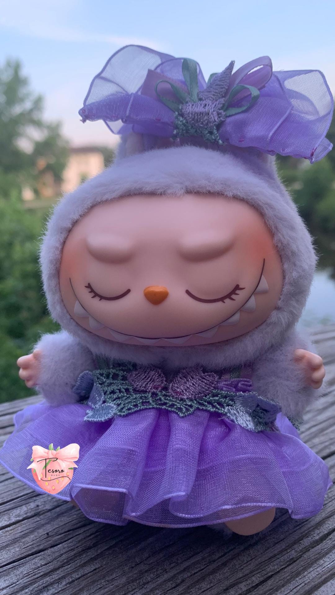 Handmade Lavender Labubu Dress & Bow Set: Cottagecore Doll Clothes