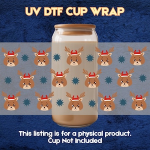 Cute Reindeer UV DTF Cup Wrap for 16oz Glass Can – Christmas Deer Face Cup Decal – Holiday Drinkware Wrap – Ready to Press UV Dtf Transfer