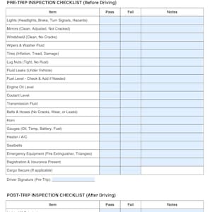May include: A white and blue Box Truck Driver Daily Inspection Checklist. The checklist includes pre-trip and post-trip inspection items such as lights, tyres, windscreen, and fluid levels. Spaces are provided for the driver's name, date, and truck number.