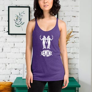 Gemini retro-stijl racerback-tanktop voor dames, astrologie-T-shirt, dierenriemcadeau, horoscoop cadeau-idee, verjaardagen mei en juni, Star Sun Rising SIgn