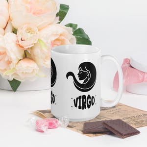 Taza blanca brillante con aspecto retro de Virgo, taza del zodiaco, regalos de astrología y horóscopo, regalos de cumpleaños de agosto y septiembre