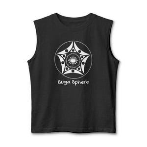 Op de afbeelding: Zwart mouwloos shirt met een witte grafische ster in een cirkel. Het ontwerp bevat ingewikkelde patronen en de tekst "Buga Sphere" eronder. Het shirt is gemaakt van zacht materiaal.