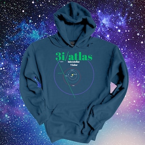 May include: A teal hooded sweatshirt with a front graphic. The graphic includes the text "3i/atlas" in green, and a diagram of the solar system. The words "Interstellar Visitor" are below the text.