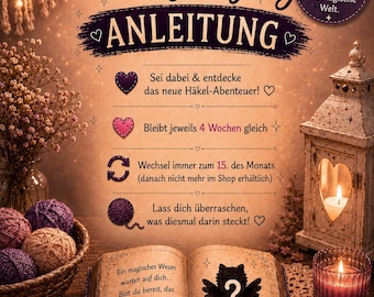 May include: A promotional graphic for a crochet mystery project featuring the text Fantasy Mystery ANLEITUNG. The image displays an open book with a question mark silhouette, a basket of yarn balls, a lantern, a candle, and a crochet hook.