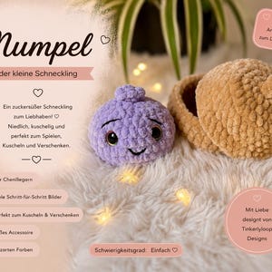 May include: A purple crocheted plush toy with a small round body and dark eyes, positioned next to a tan crocheted acorn-shaped container. The image includes German text such as Mumpel, der kleine Schneckling, and PDF Anleitung zum Download.