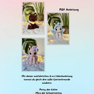 Könnte beinhalten: Ein PDF-Muster mit Anleitungen zum Häkeln von drei Gartenfreunden: einer Biene, einem Schmetterling und einem Marienkäfer. Das Bild zeigt drei fertige Häkeltiere in einem weichen, farbenfrohen Stil. Der Text auf dem Bild lautet "PDF Anleitung" und weiterer deutscher Text.