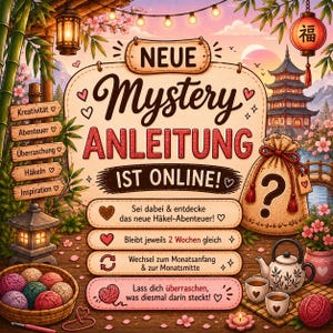 Könnte beinhalten: Eine digitale Ankündigungsgrafik mit dem Text NEUE Mystery ANLEITUNG IST ONLINE!, einem Beutel mit Fragezeichen, einem Korb voller bunter Wollknäuel, einer Teekanne, zwei Tassen und einem Wegweiser aus Holz mit deutschen Begriffen.