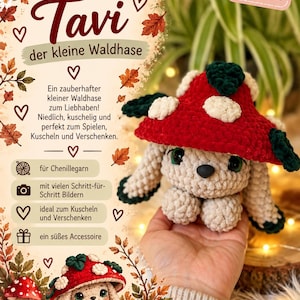 May include: A crochet plush toy of a small beige rabbit wearing a red mushroom cap with white spots. The rabbit has large dark eyes and long ears. The image includes text in German, including the title Tavi der kleine Waldhase.