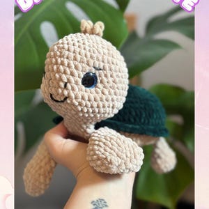 Könnte beinhalten: Gehäkelte Schildkröte in Beige und Dunkelgrün. Die Schildkröte hat blaue Augen und ein lächelndes Gesicht. Das Bild enthält den Text "LUMY DIE SCHILDKRÖTE" und weiteren deutschen Text.