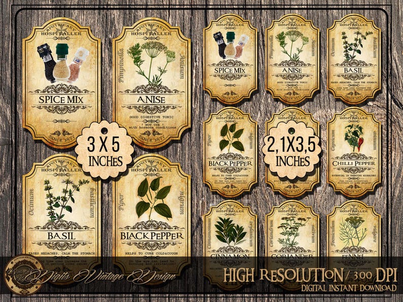May include: Vintage-style spice labels with botanical illustrations and text. Labels include "Spice Mix," "Anise," "Basil," "Black Pepper," and "Chilli Pepper." The labels are approximately 3 x 5 inches and 2.1 x 3.5 inches. The design includes the text "Digits Vintage Design."