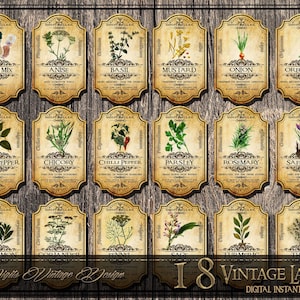 May include: A collection of 18 vintage-style spice labels with botanical illustrations and names like "Anise," "Basil," and "Rosemary." The labels are in a classic design with a distressed, aged appearance, perfect for kitchen organization. The text "18 Vintage Labels" is also visible.