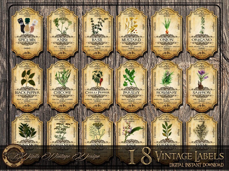 May include: A collection of 18 vintage-style spice labels with botanical illustrations and names like "Anise," "Basil," and "Rosemary." The labels are in a classic design with a distressed, aged appearance, perfect for kitchen organization. The text "18 Vintage Labels" is also visible.