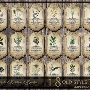 May include: A collection of 18 vintage-style spice labels with botanical illustrations and names like "Basil," "Rosemary," and "Saffron." The labels have a distressed, aged appearance, with ornate borders and text. The words "Digits Vintage Design" and "18 Old Style Labels" are also visible.