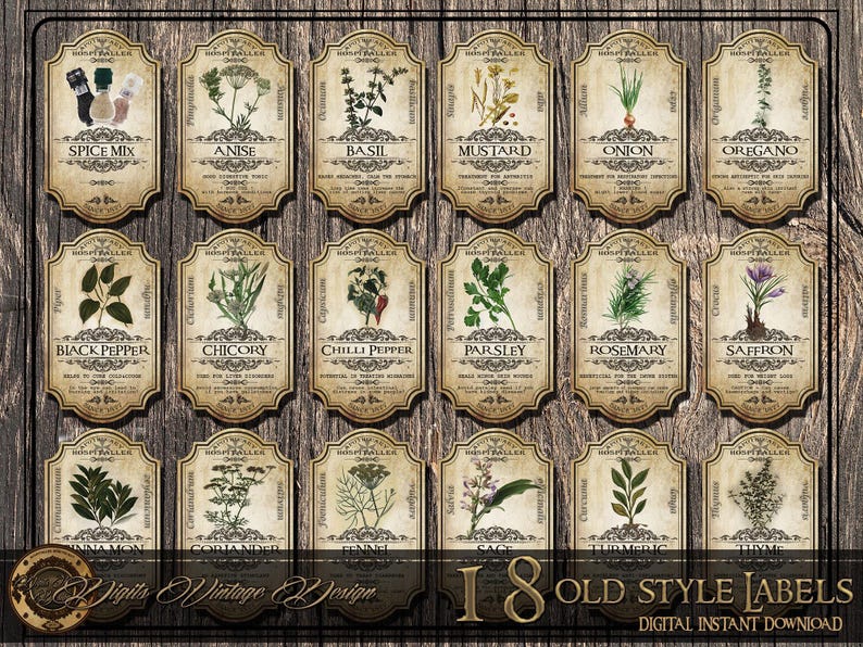 May include: A collection of 18 vintage-style spice labels with botanical illustrations and names like "Basil," "Rosemary," and "Saffron." The labels have a distressed, aged appearance, with ornate borders and text. The words "Digits Vintage Design" and "18 Old Style Labels" are also visible.