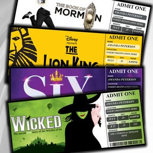 May include: Laminated physical tickets for events, including musicals such as "The Book of Mormon," "The Lion King," "Six," and "Wicked." Each ticket shows "Amanda Peterson," date, time, and a section, row, and seat number.