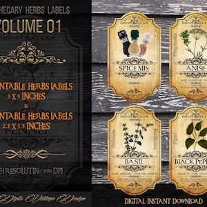 Vintage Apothecary Labels: Herb & Spice Jar Stickers, Junk Journal Ephemera (Digital Download)