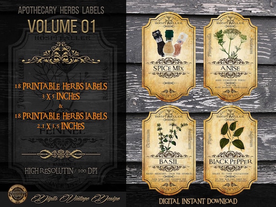 Vintage Apothecary Labels: Herb & Spice Jar Stickers, Junk Journal Ephemera (Digital Download)