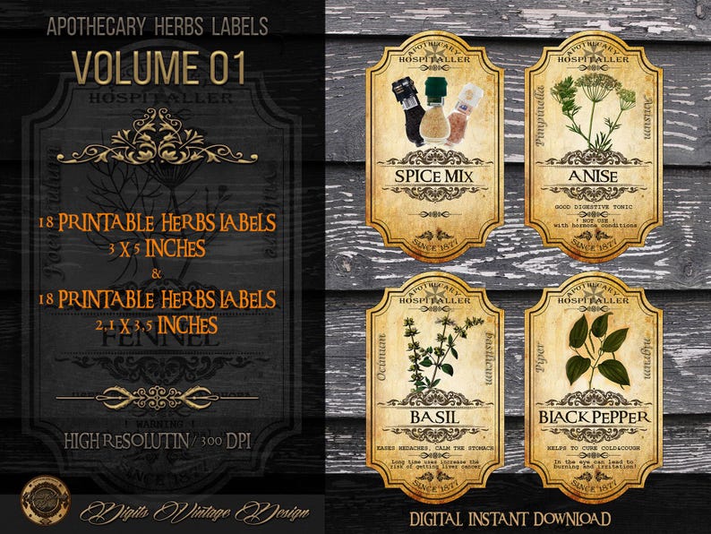 May include: Vintage apothecary herb labels with a distressed design. The labels feature illustrations of herbs like anise, basil, and black pepper. The text includes "Spice Mix" and "Digital Instant Download."