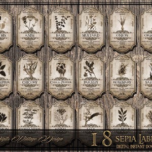 May include: Sepia-toned digital download of 18 vintage spice labels. Each label features a botanical illustration and the spice name, including Anise, Basil, Black Pepper, and Rosemary. The labels are arranged on a wooden background, with the text "Digits Vintage Design" and "18 Sepia Labels".
