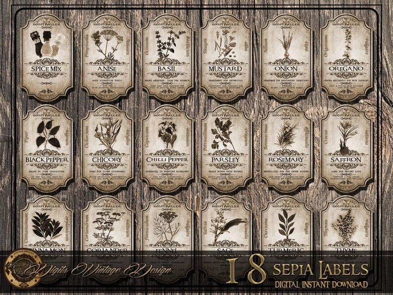 May include: Sepia-toned digital download of 18 vintage spice labels. Each label features a botanical illustration and the spice name, including Anise, Basil, Black Pepper, and Rosemary. The labels are arranged on a wooden background, with the text "Digits Vintage Design" and "18 Sepia Labels".