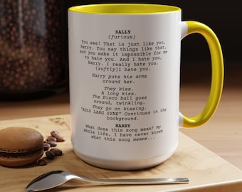Taza con diálogos del guion de la película "Cuando Harry conoció a Sally" o taza de café con acento, perfecta para amantes de los guiones, cinéfilos y regalos de comedias románticas.