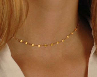 Tiny Double Sequin Necklace, Gold Link Choker, Tattoo necklace, 14k gold filled, Layering Jewelry, Trendy Choker Necklace, Dainty choker