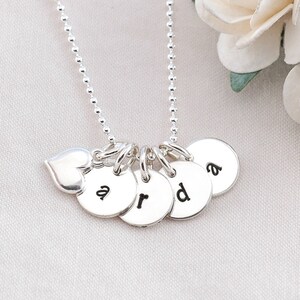 Hand Stamped Jewelry - Four Tiny Personalized discs - 3/8&quot; with heart charm - Initial Necklace