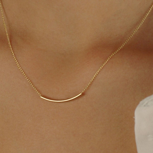 Dainty Curved Bar Necklace, gold tube Necklace, 14k gold filled, Rose Gold Filled, Sterling Silver, Layering Jewelry, Delicate choker