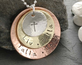 Mixed Metal Personalized Necklace - Rustic - Triple Stack - Sterling Silver - Brass - Copper - Mother's Necklace
