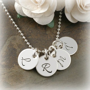 Hand Stamped Jewelry Four Tiny Personalized discs 11mm Initial Necklace image 1