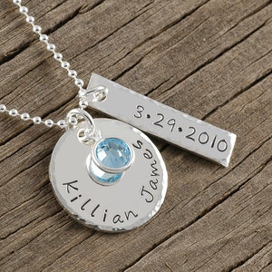 Personalized Necklace hand stamped jewelry Name date Perfect for new mom anniversary wedding engagement new baby image 1