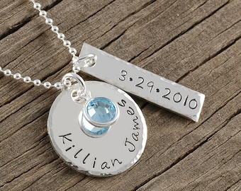 Personalized Necklace - hand stamped jewelry - Name - date - Perfect for new mom - anniversary - wedding - engagement - new baby