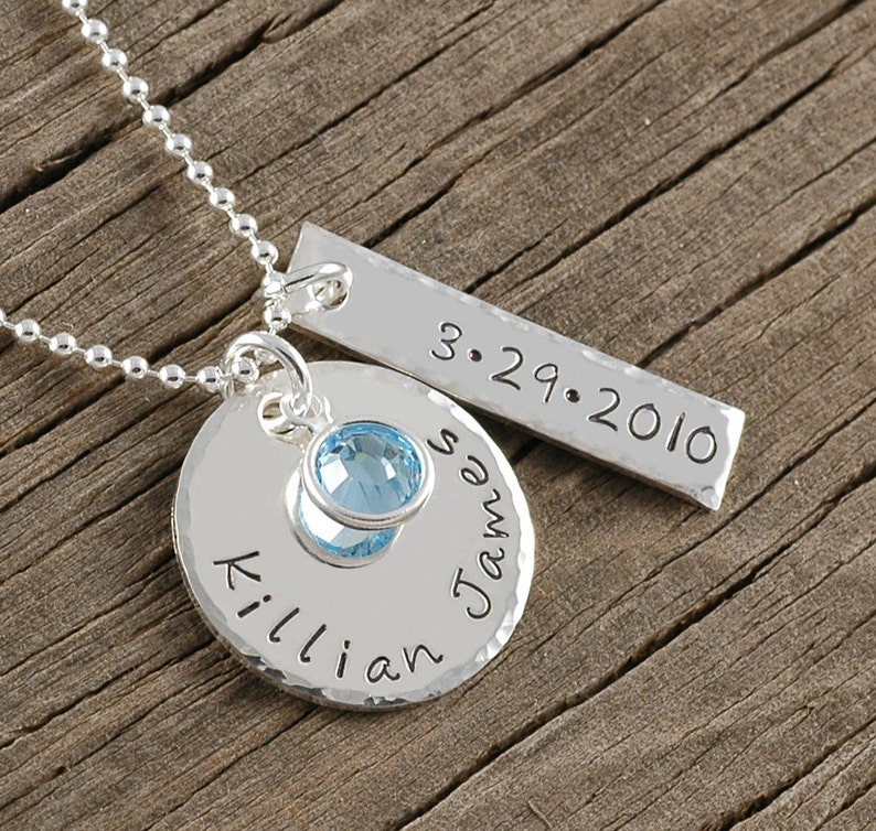 Personalized Necklace hand stamped jewelry Name date Perfect for new mom anniversary wedding engagement new baby image 1