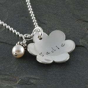 Personalized Flower Necklace with pearl domed with name Sterling Silver Mommy jewelry Flower Girl image 1