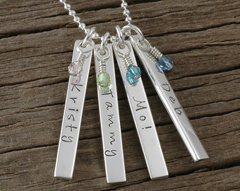 Personalized Rectangle Bar Necklace with birthstones Double Sided - Four bars - Sterling Silver - vertical bars