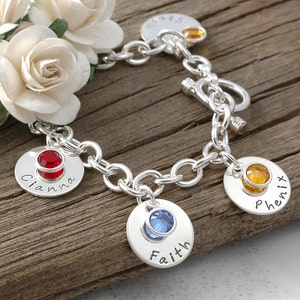 Five disc Personalized name Charm bracelet with birthstones  - Mom or Grandma
