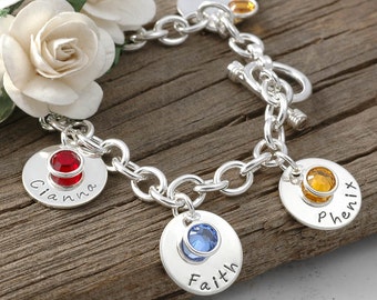 Five disc Personalized name Charm bracelet with birthstones  - Mom or Grandma