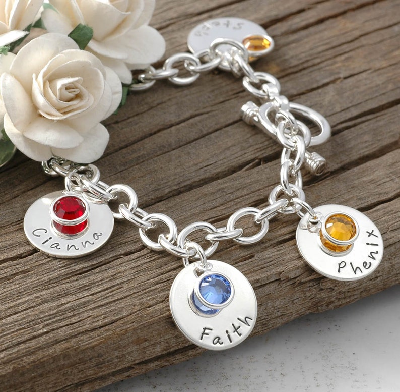 Eight disc Personalized name Charm bracelet with birthstones Mom or Grandma image 1