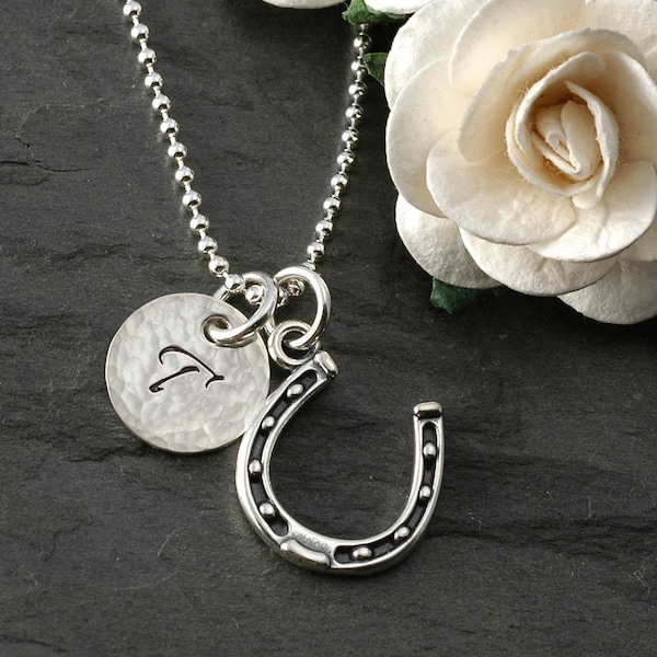 Horseshoe Necklace with initial disc - sterling silver