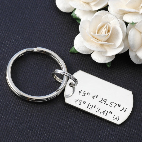 Coordinates Dog Tag - Sterling Silver - Personalized Key Chain - DOUBLE SIDED