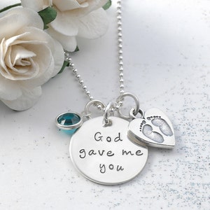 God gave me you New Mommy necklace with birthstone baby feet in heart charm image 1