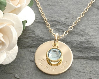 Hand Stamped Gold-filled Mommy Necklace - One 5/8" round discs with birthstones