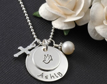 Personalized Baptism Christening Confirmation Necklace with Cross and Pearl Charms