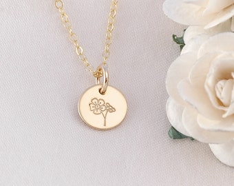 Forget Me Not Flower - Minimalist - Tiny hand stamped Gold-filled Initial Necklace - 3/8" round disc