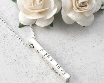New Mommy Necklace - 4 four sided Bar - Name, date, weight, length  - 3D bar - Sterling silver